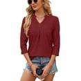 thumbnail image 1 of XCHQRTI Womens 3/4 Sleeve V Neck T Shirt Hollow Solid Blouse Casual Loose Basic Top, 1 of 8