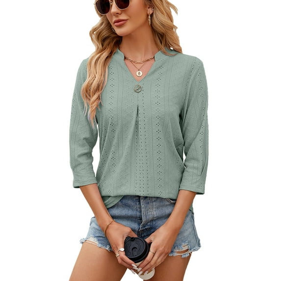 XCHQRTI Womens 3/4 Sleeve V Neck T Shirt Hollow Solid Blouse Casual Loose Basic Top