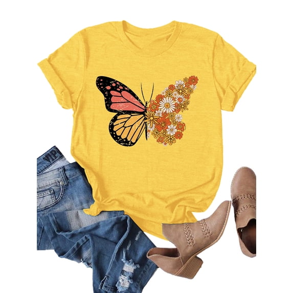XCHQRTI Womens Butterfly Daisy T-Shirts Graphic Casual Summer Shirts Short Sleeve Tee