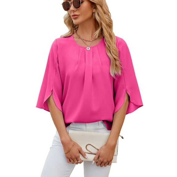 XCHQRTI Womens Chiffon Blouse Ruffle 3/4 Sleeve Tops Casual Solid Color Crewneck Tshirts