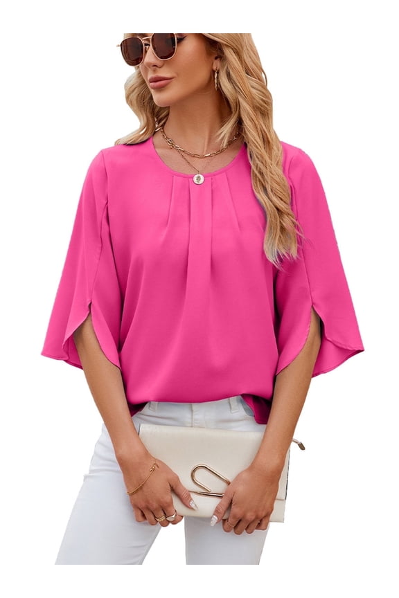 Womens Chiffon Blouse Ruffle 3/4 Sleeve Tops Casual Solid Color Crewneck Tshirts