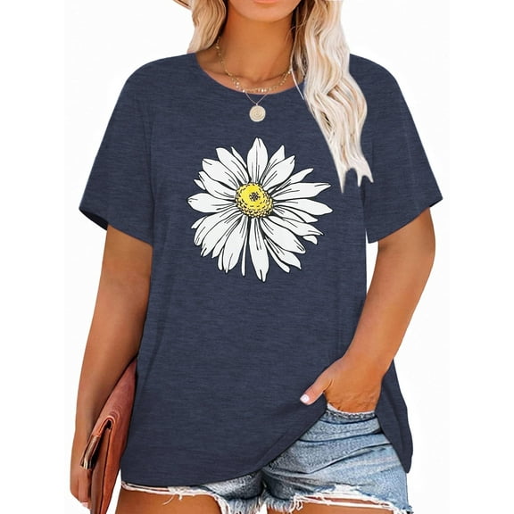 XCHQRTI Womens Daisy Tshirt Graphic Plus Size Casual Shirt Oversized Short Sleeve Summer Flower Tops