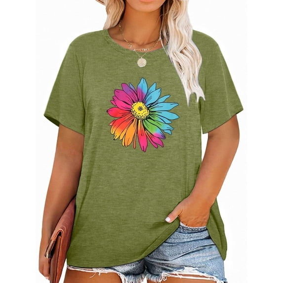 XCHQRTI Womens Daisy Tshirt Graphic Plus Size Casual Shirt Oversized Short Sleeve Summer Flower Tops