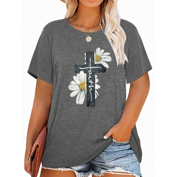 XCHQRTI Faith 4th of July Shirt Plus Size Women Graphic Tees Summer Short Sleeve Tops