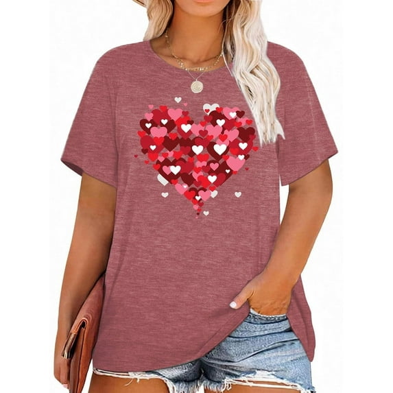 XCHQRTI Womens Love Heart T-Shirts Valentine's Day Graphic Tees Short Sleeve Plus Size Tops
