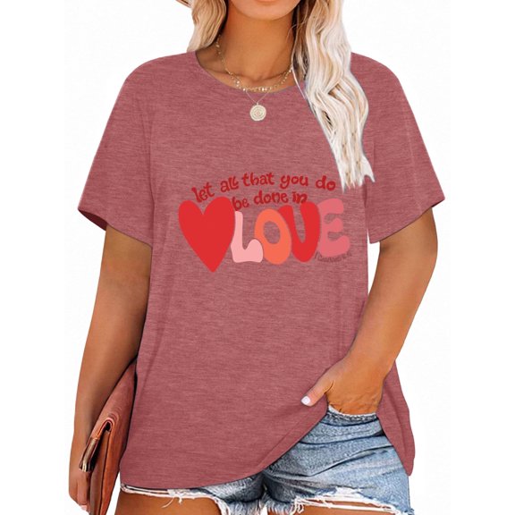 XCHQRTI Womens Love Heart T-Shirts Valentine's Day Graphic Tees Short Sleeve Plus Size Tops