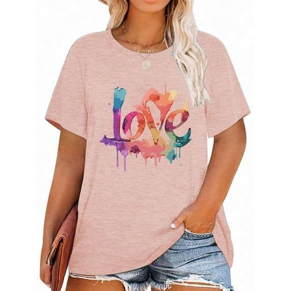 XCHQRTI Womens Love Heart T-Shirts Valentine's Day Graphic Tees Short Sleeve Plus Size Tops