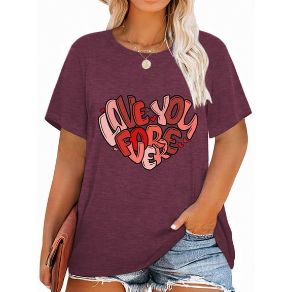 XCHQRTI Womens Love Heart T-Shirts Valentine's Day Graphic Tees Short Sleeve Plus Size Tops