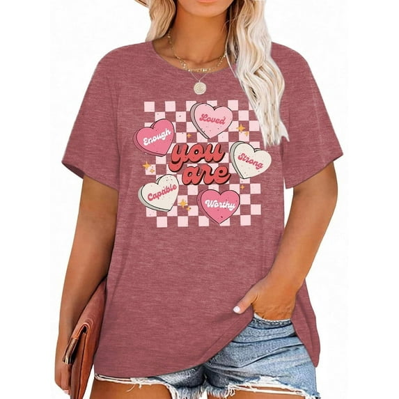 XCHQRTI Womens Love Heart T-Shirts Valentine's Day Graphic Tees Short Sleeve Plus Size Tops