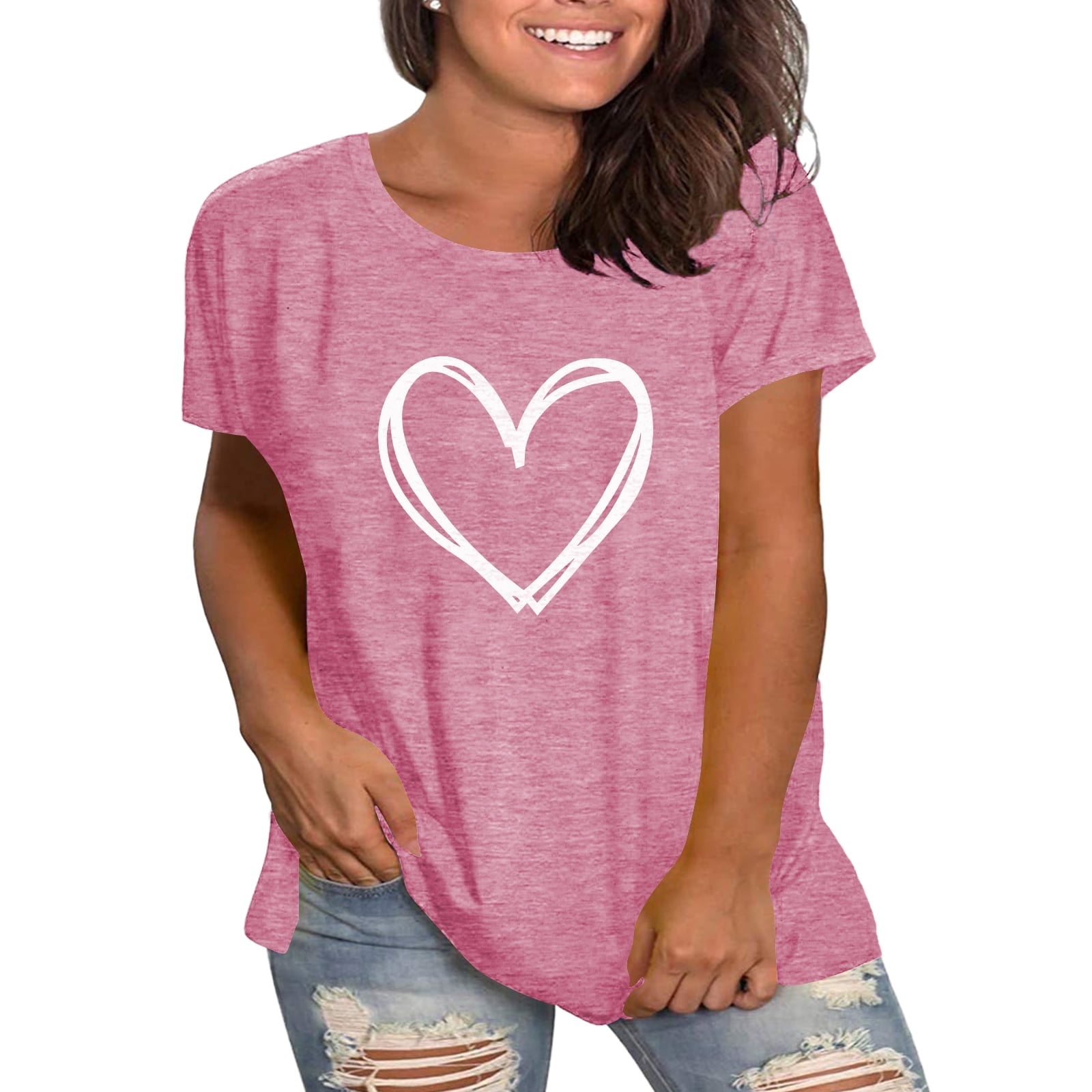 XCHQRTI Womens Love Heart T-Shirts Valentine's Day Graphic Tees Short ...
