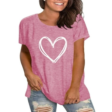 XCHQRTI Womens Love Heart T-Shirts Valentine's Day Graphic Tees Short Sleeve Plus Size Tops