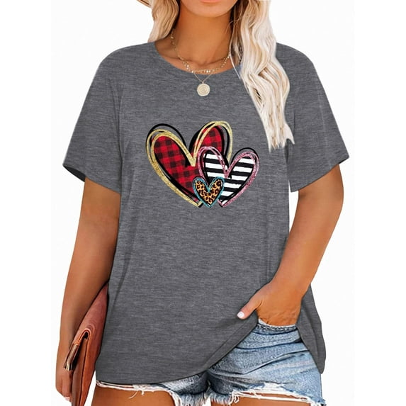 XCHQRTI Womens Love Heart T-Shirts Valentine's Day Graphic Tees Short Sleeve Plus Size Tops