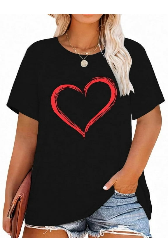Womens Love Heart T-Shirts Valentine's Day Graphic Tees Short Sleeve Plus Size Tops