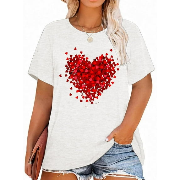 XCHQRTI Womens Love Heart T-Shirts Valentine's Day Graphic Tees Short Sleeve Plus Size Tops