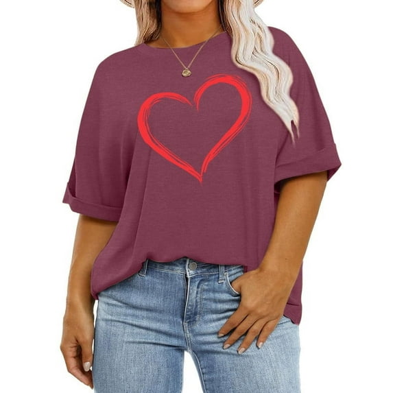 XCHQRTI Womens Oversized Love Shirt Half Sleeve Summer Tee Graphic Valentine's Day Plus Tops