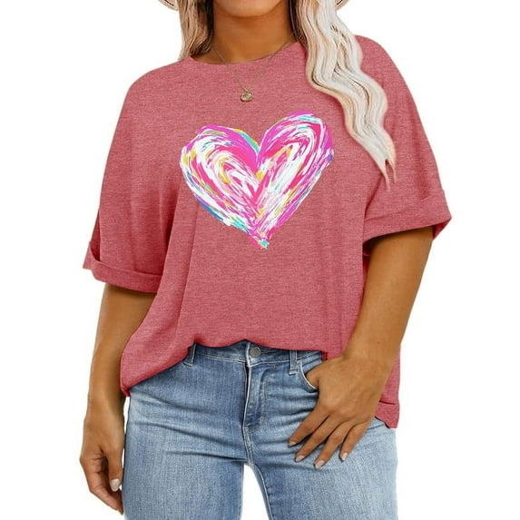 XCHQRTI Womens Oversized Love Shirt Half Sleeve Summer Tee Graphic Valentine's Day Plus Tops