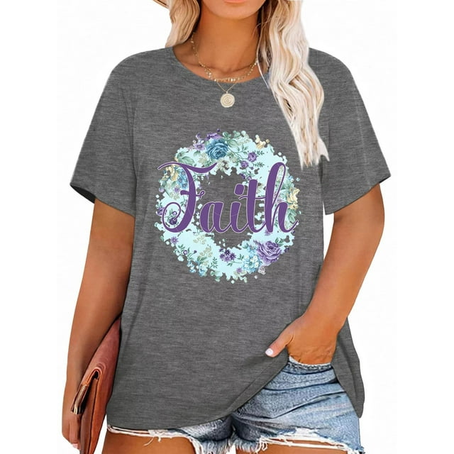 XCHQRTI Womens Plus Size Summer Sunset Graphic Tees Faith T-Shirts Christian Oversized Short Sleeve Tops