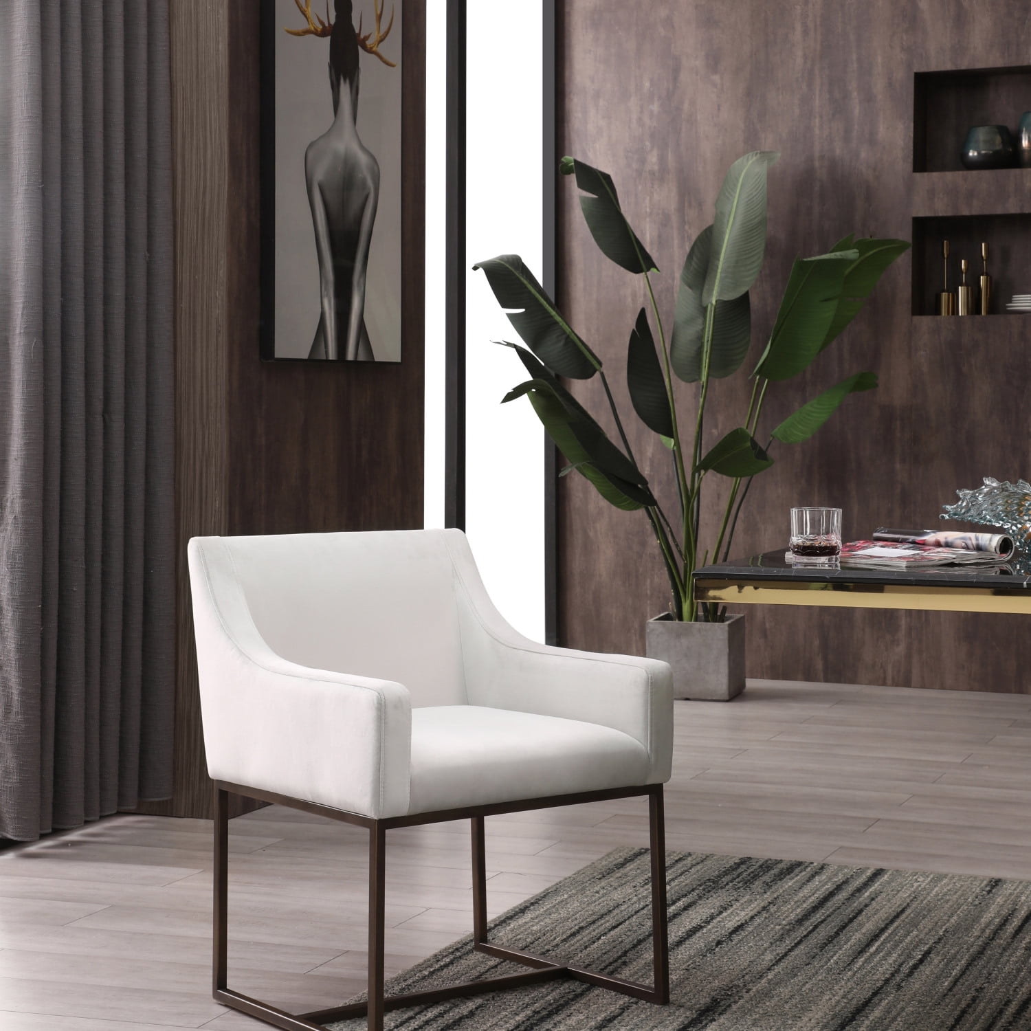 Beige Velvet and Brass Modern Dining Chair