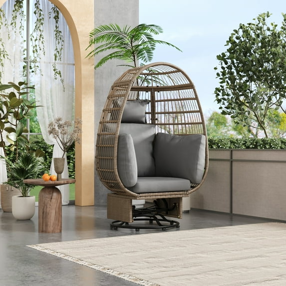 XCJDILAO TREXM Outdoor Swivel Chair with Cushions Rattan Egg Patio Chair with Rocking for Balcony Poolside and Garden (Natural Wicker + Beige Cushion)