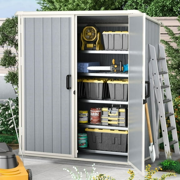 XCNENGY 5x3ft Outdoor Storage Shed, Waterproof Resin Cabinet with Lockable Doors for Bikes, Patio Furniture & Tools, Gray