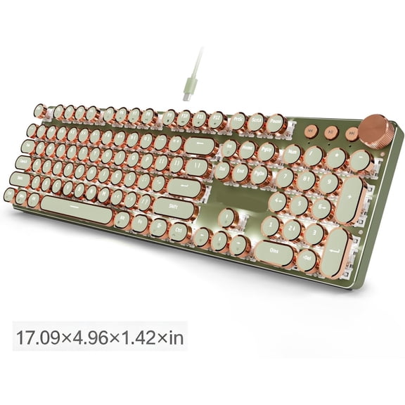 XCONFLUX Wired Typewriter Keyboard,Retro Mechanical Keyboard with,Multimedia Knob,White Backlit,Metal Panel,Low Noise Pink Switch Keyboard for Pc Laptop-Green