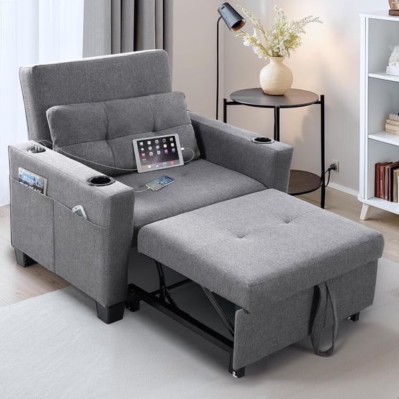 XCT2 Sleeper Chair Bed with USB Ports & Cup Holders, 3-in-1 Convertible Sofa Bed for Living Room, Pull-Out Recliner Chair with Pillows, Adjustable Backrest, Small Space Furniture (Gray)