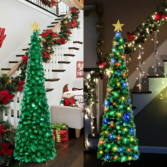XCXWX 5ft Lighted Pop-up Christmas Tree, Foldable Tinsel Christmas Tree with 100 Colorful Lights and Tree Topper for Christmas Decoration, Yard, Home, Party, Decor (Green)
