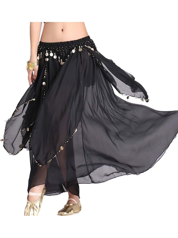 35.4in Chiffon Women's Belly Dance Skirt with Coins, Black