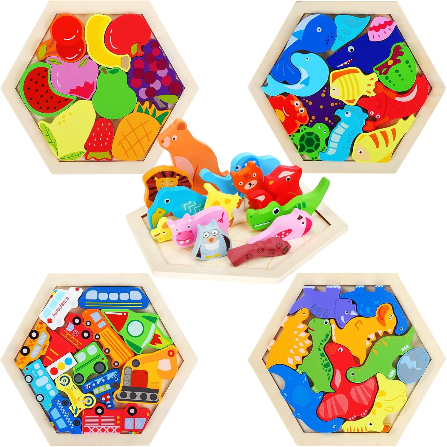 XD-5 Pack Wooden Tangram Puzzle for Kids Wooden Hexagon Puzzle Block ...