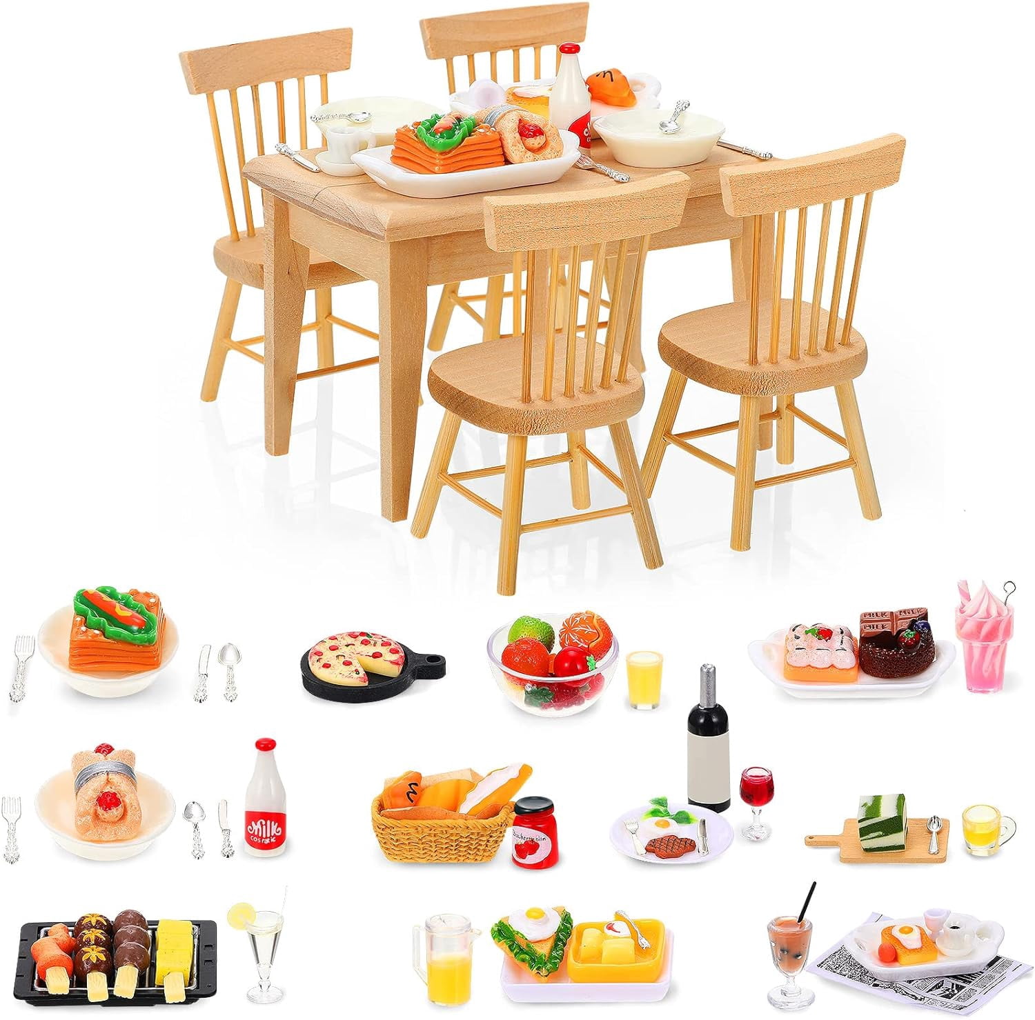XD-74 Pcs 1:12 Scale Dollhouse Miniature Food with Wooden Furniture of Table and Chair, Kitchen Accessories Sets Include Mini Milk Juice Knife Fork Spoon Dessert Cake BBQ*0