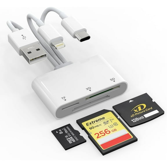 XD Card Reader, SD Reader for iPhone, 3 in 1 SD/TF/XD Adapter iPhone/USB C Device, Lightning+USB A+USB Picture iPhone 16/15/14/iPad/PC/Android