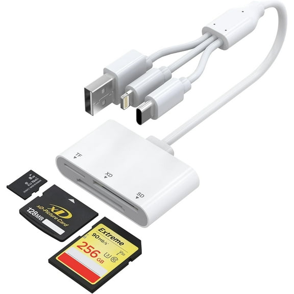 XD Card Reader for iPhone, 3-in-1 SD/TF/XD Card Adapter - Lightning + USB A + USB C SD Card Reader Plug & Play, OTG Memory Card Reader for iPhone 16/15/14/iPad/PC/Android/MAC Supports 2TB