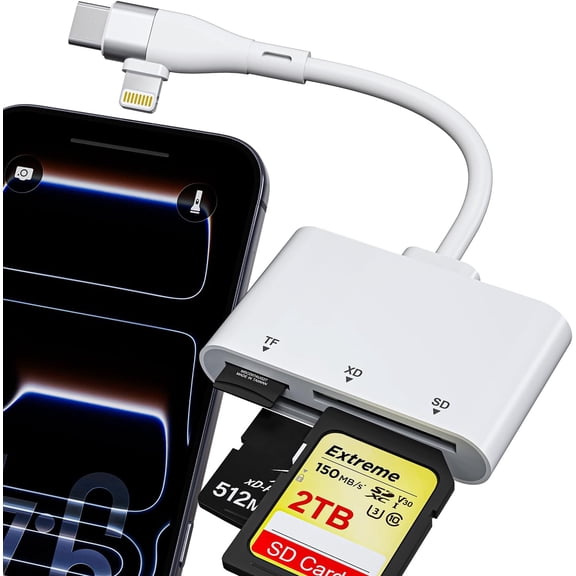 XD Picture Card Reader, 3 in 1 SD Reader for iPhone 17-6/iPad/MacBook/Android Lightning & USB-C Adapter XD/SD/MicroSD, Plug Play, Fast Transfer