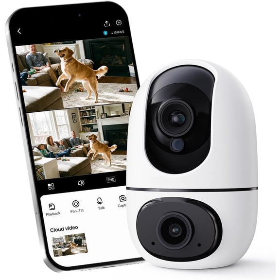 XD1 Indoor WiFi Camera, No Subscription Required, Dual-Lens 360? PTZ & Pet Cam, Motion , 2-Way Audio, Night Vision, Cloud/SD Storage, Phone App, Plug-in Power