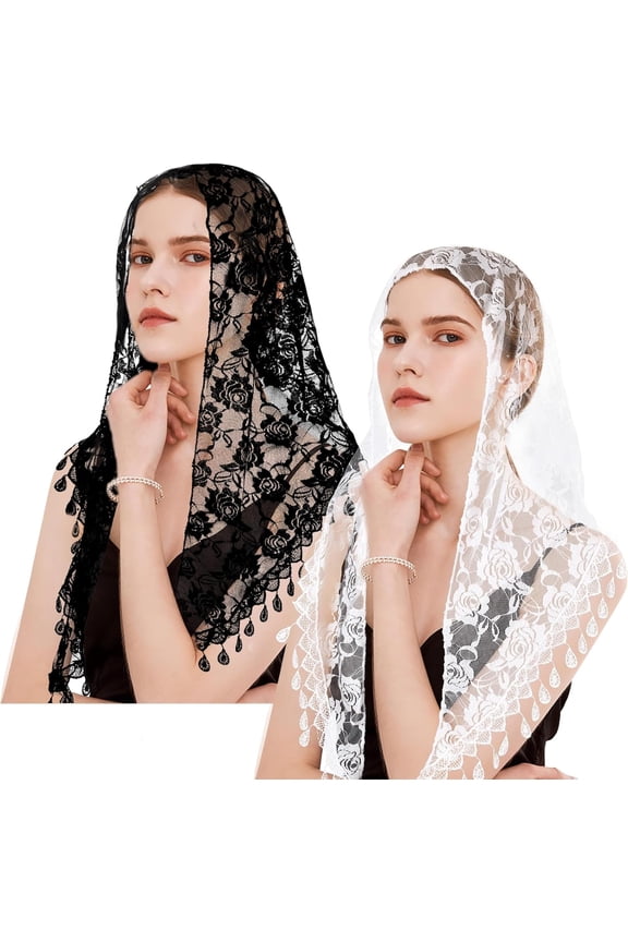 XD2-2 Pcs Mass Veil Triangle Mantilla Cathedral Head Covering, Chapel Veil Lace Shawl, Latin Church Veil Chapel Scarf Latin Mass Head Covering, Head Covering Veils for Bridal (Rose)*2