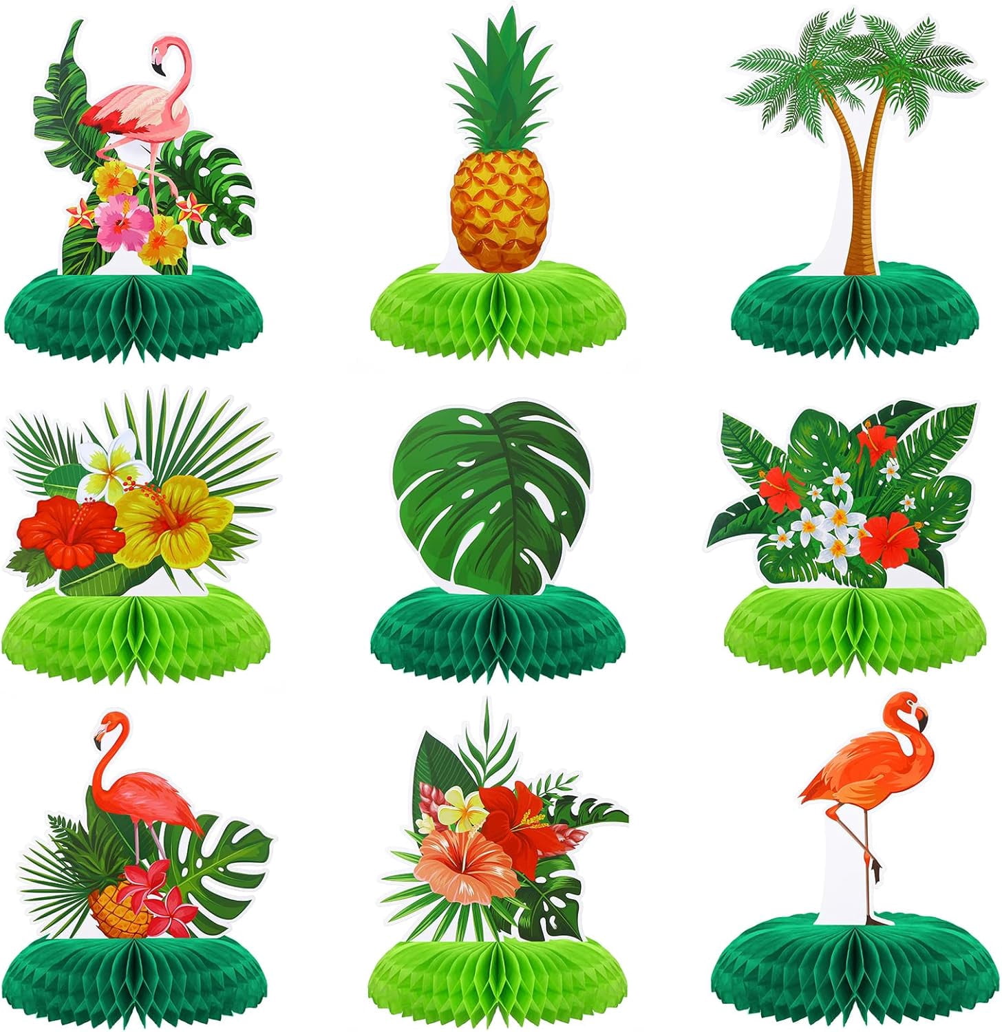HOWAF 9-Piece Hawaiian Luau Honeycomb Centerpieces - Tropical Flamingo, Palm Tree Table Toppers For Summer Party
