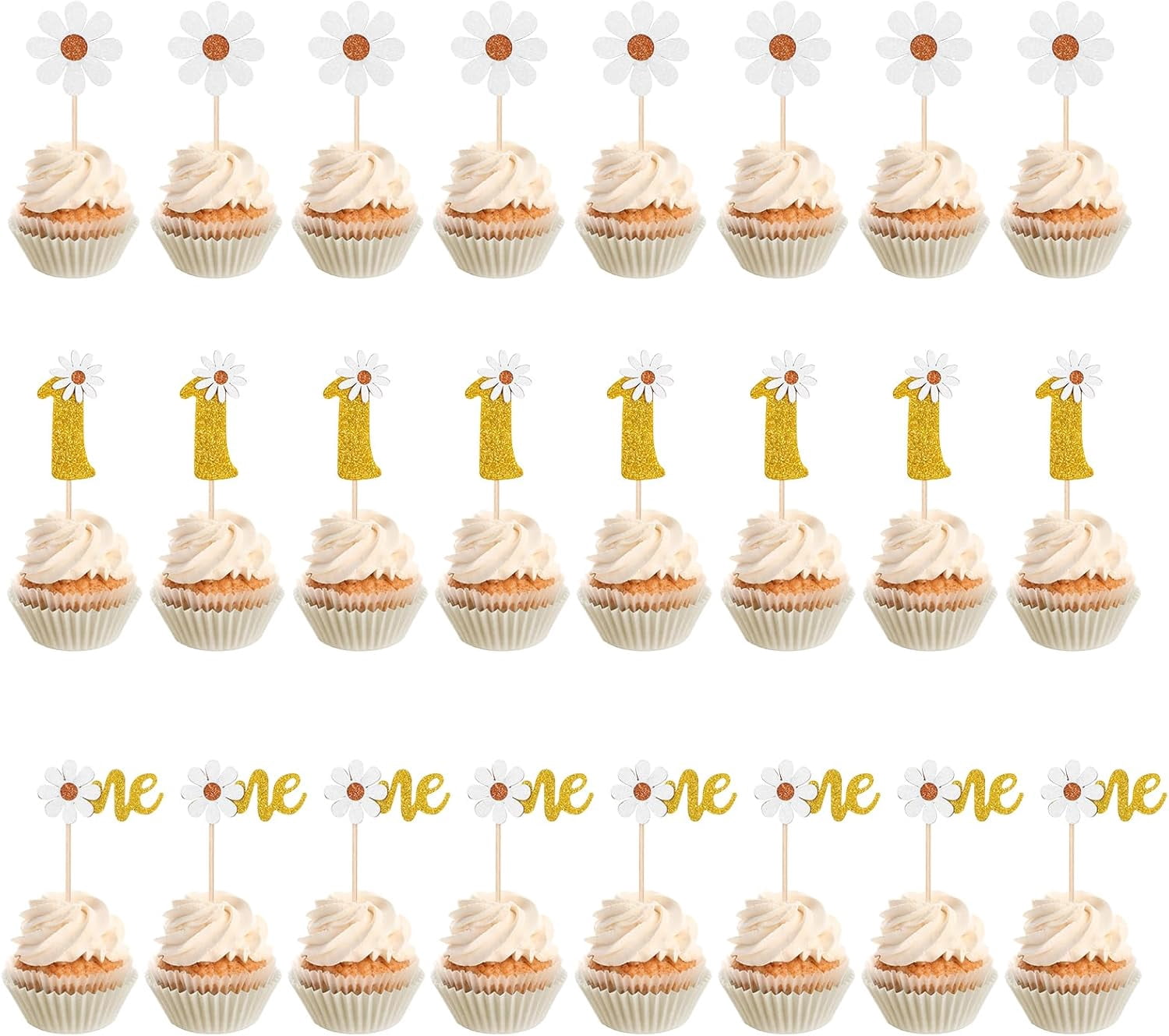 24 PCS Gold Daisy Cupcake Toppers - Floral Cake Decorations For 1st Birthday, Baby Shower, Wedding, Party Food Picks