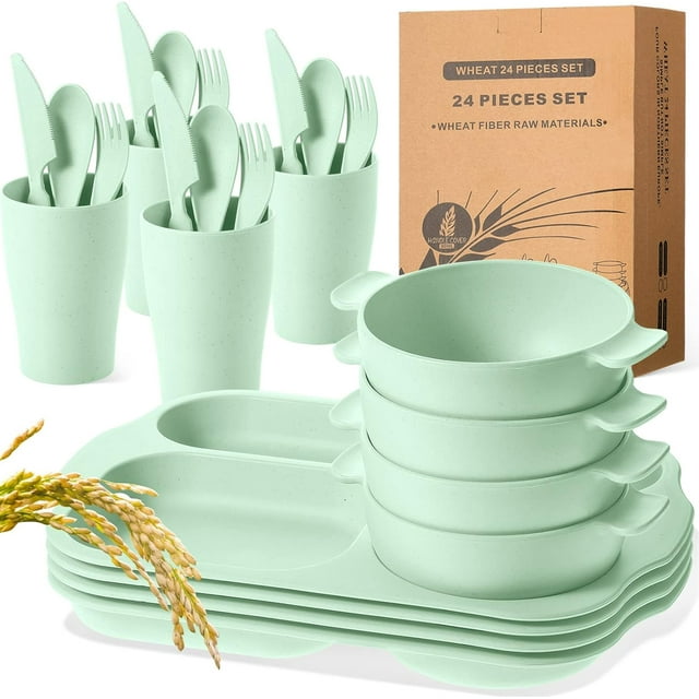 XD3-24 Pcs Wheat Straw Dinnerware Cutlery Set Including Divided Plates Microwave Dishwasher Safe Bowl Unbreakable Tableware Straw Cutlery Spoon Knife Fork*3