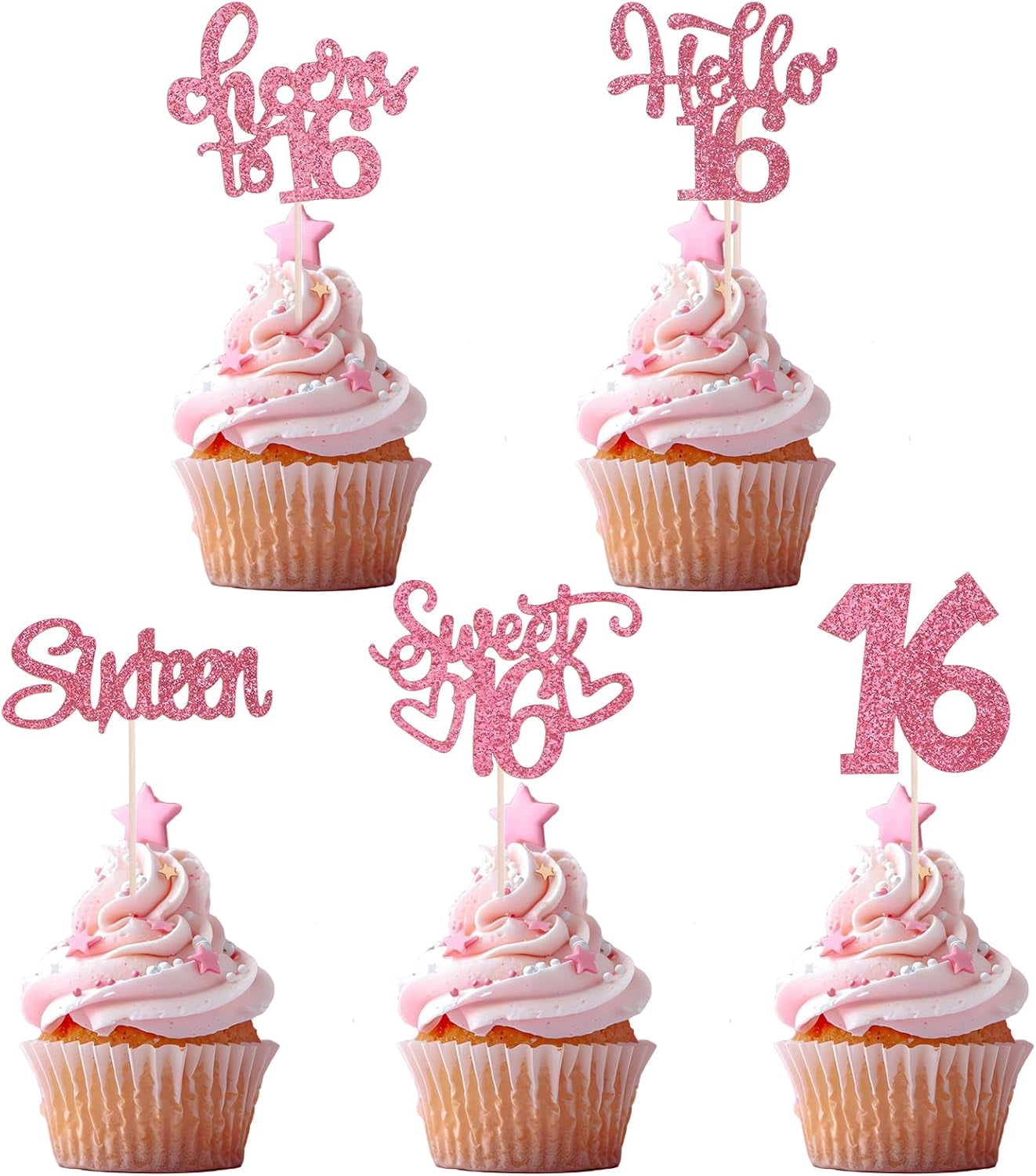 Rsstarxi Cupcake-Aufsätze 'Hello 16' – 30 Stück, Glitzernd, Für 16. Geburtstag & Mottopartys