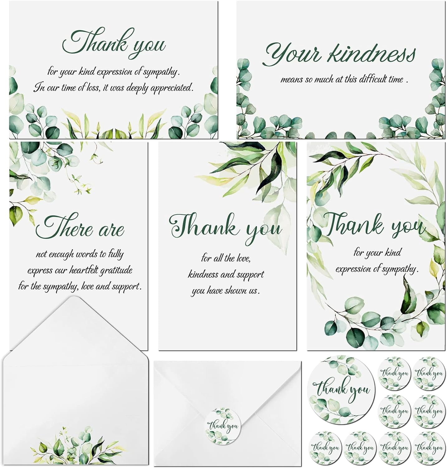 25 Funeral Thank You Cards With Envelopes - Watercolor Eucalyptus & Cross Design For Sympathy