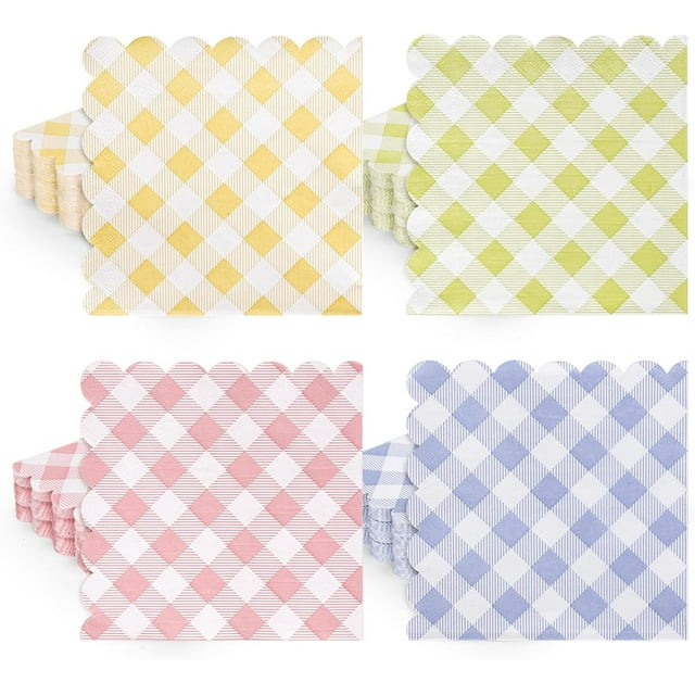 XD4-200 Pcs Easter Paper Napkins Spring Pastel Checkered Paper Napkins Colorful Buffalo Plaid Disposable Napkins Gingham Scalloped Luncheon Dinner Napkins for Easter Spring Party Table*04