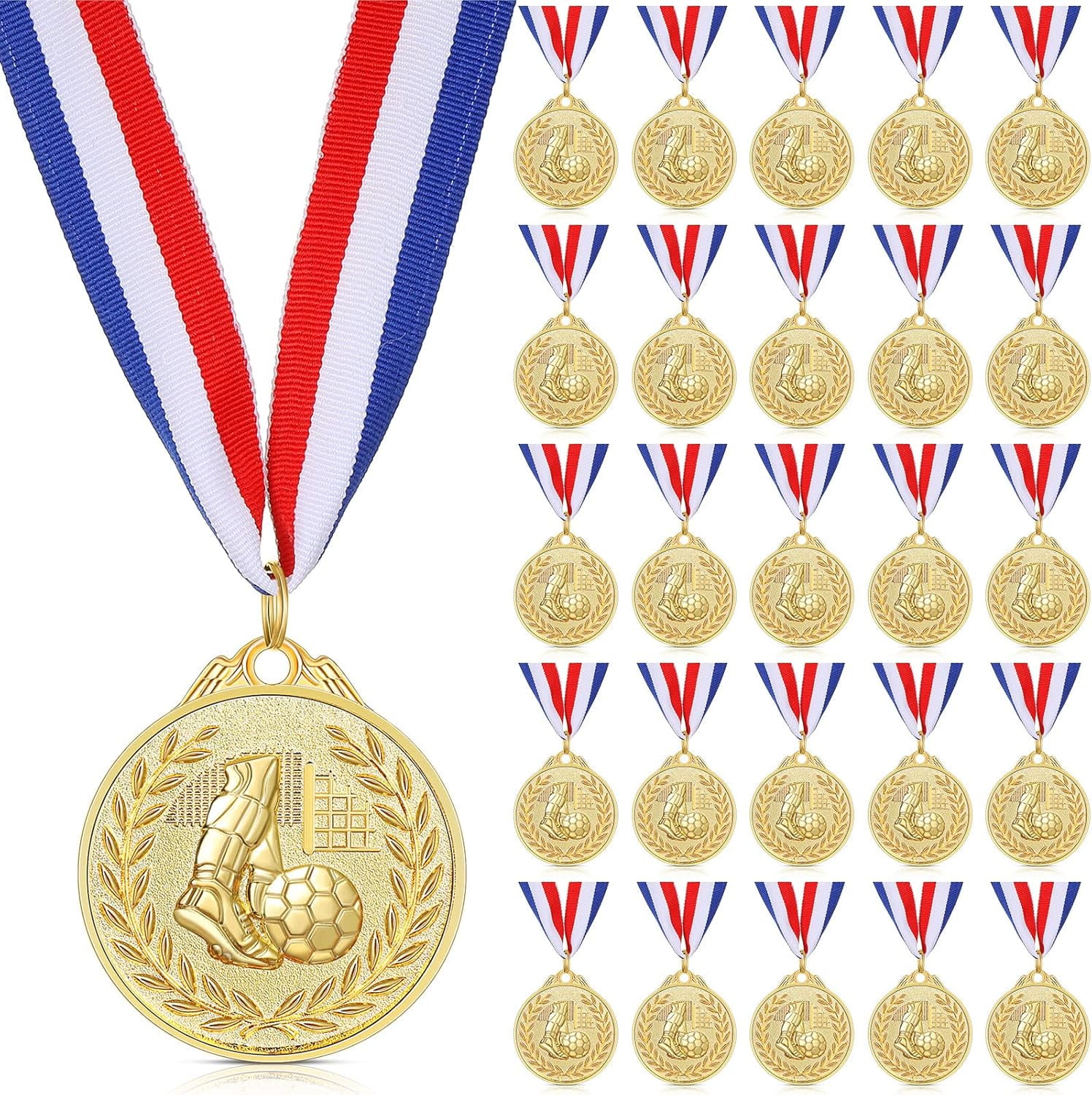 XD4-24 Pieces Gold Award Medals Set Soccer Gold Metal Medals with Ribbons for Party Favors Prizes Awards Team Gifts, 2 Inch*04