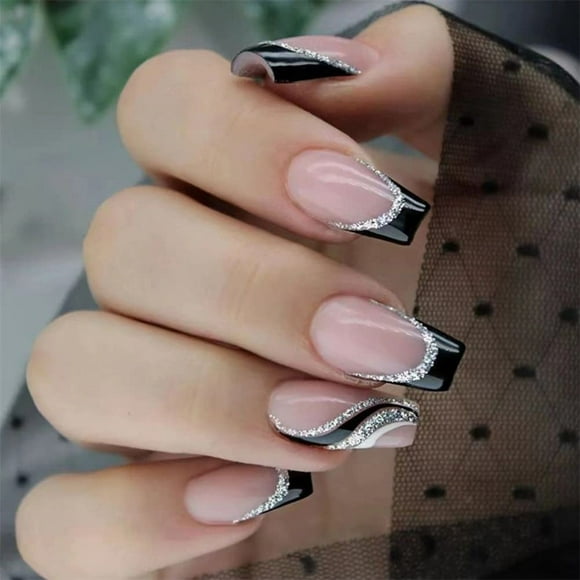 XD4-24Pcs Medium Length Square French Tips Press on Nails Black Silver Glitter Line Design Fake Nails Full Cover DIY Detachable Ballerina False Nails for Women*04