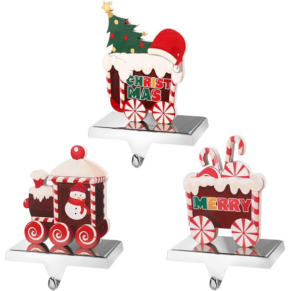 XD4-3 Pcs Christmas Stocking Holders for Mantle, Metal Christmas Stocking Hangers for Fireplace-Weighted Stocking Hooks Christmas Mantel&Christmas Holiday Party Decoration, Candy Train*04