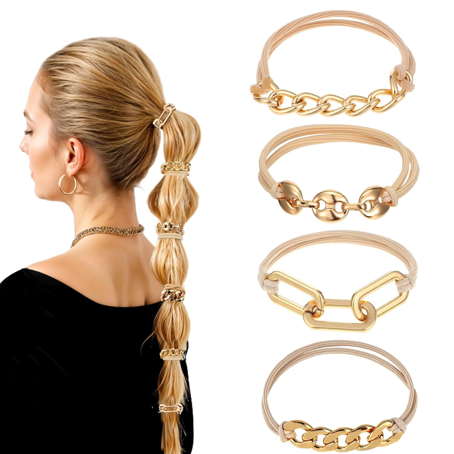 Gold Floral Hair Ties 6PC Set Metal Ponytail Holders Decorative Hair Cuffs Gold Ponytail Cuff Silver Metal Hair Elastic, Metal Hair Tie  main image 3