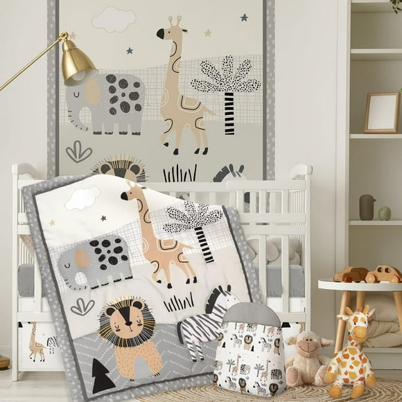 XD4-4 Piece Woodland Forest Animals Crib Bedding Set, Including Jungle Safari Crib Skirt, Blanket, Nursery Bed Sheet and Diaper Stacker, Soft Neutral Nursery Standard Size Baby Bedding*04