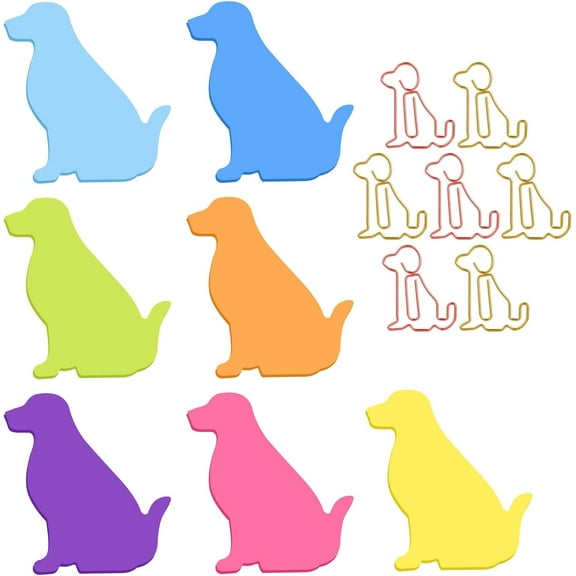 CD4-Cute Dog Sticky Notes with Paper Clips, 210 Sheets Cartoon Animal Self-Stick Notes Index Tabs Dog Shape Memo Pads Index Tabs 7 Pack (7 Color)*04