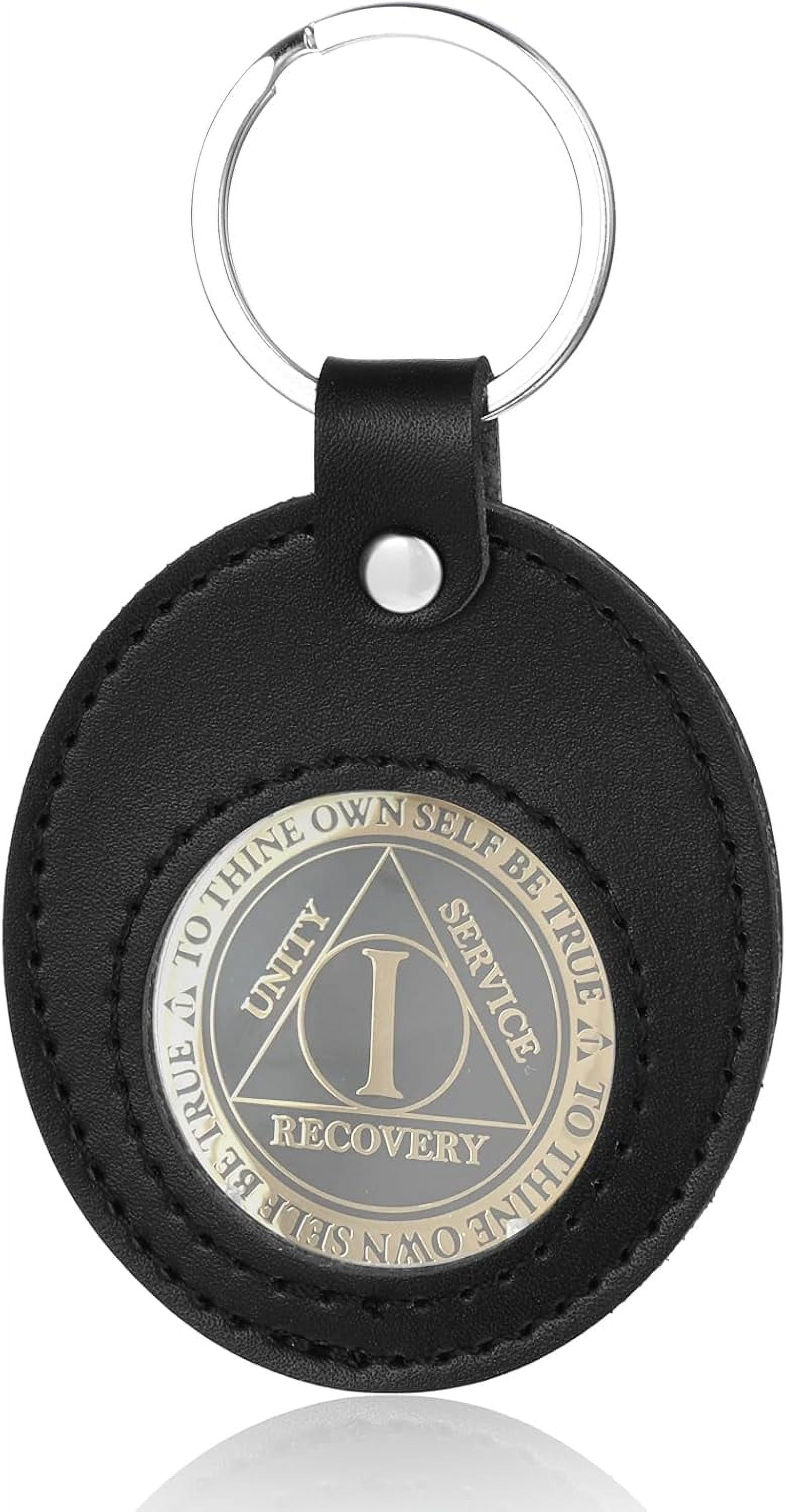 AA Sobriety Coin Holder Keychain - Leather With Clear Window, Fits 34mm Medallions & Challenge Coins