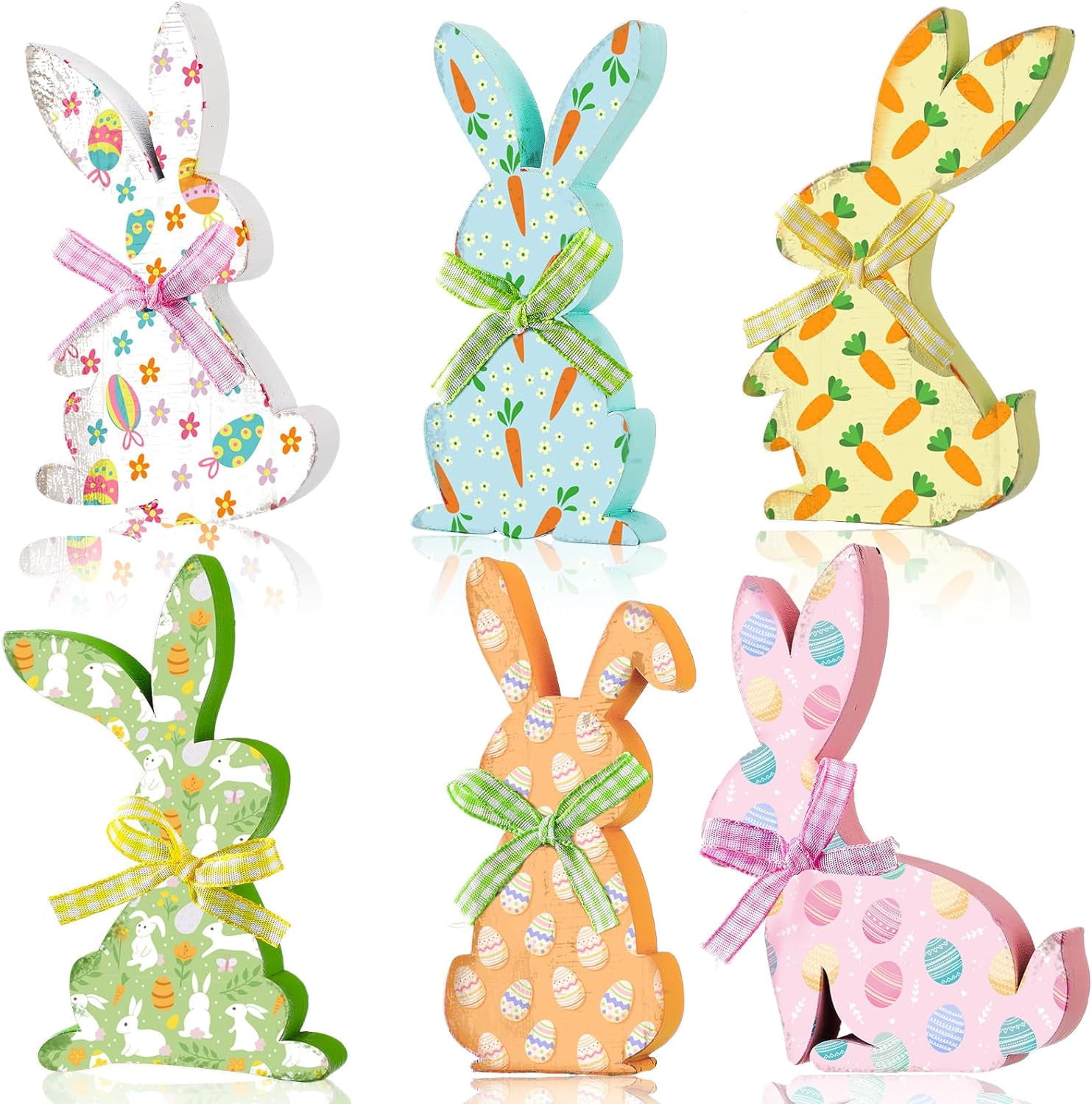 6 Pcs Easter Bunny Wooden Signs | Farmhouse Tabletop Decor With Rope | Spring Bunny Decorations For Home, Tiered Trays & Parties