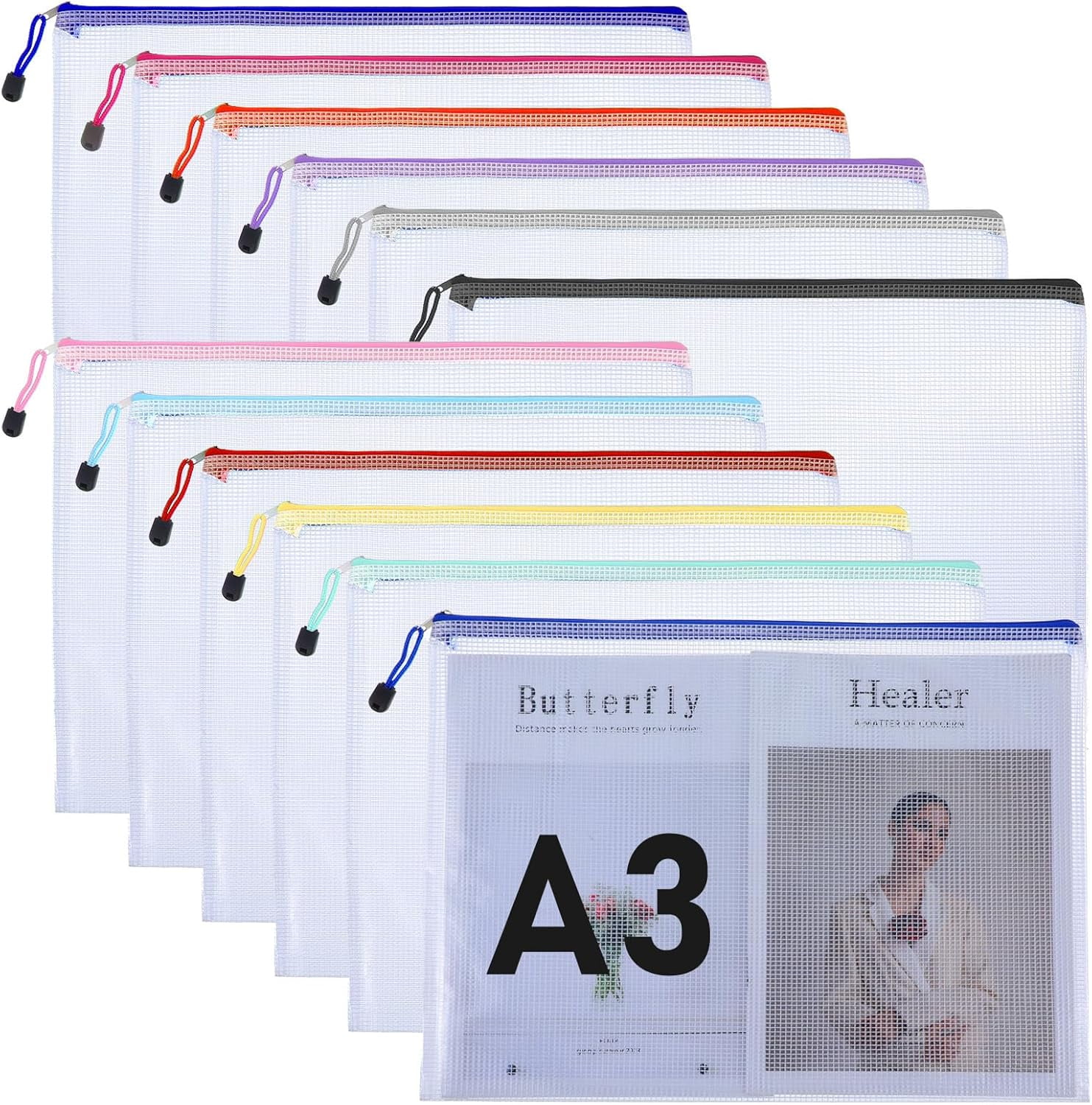 XD5-Extra Large Mesh Zipper Pouch Bags Puzzle Storage Bags A3 17x12 Inches Reusable Zipper Pouches Waterproof 12 Colors File Bags for Office Supplies Puzzles Board Game Storage and-5